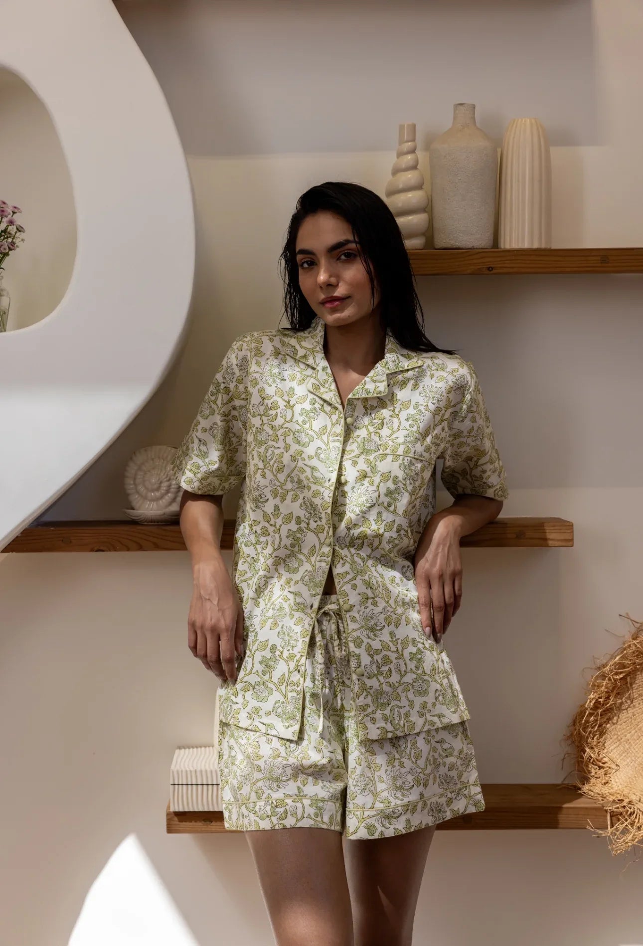 Model stood wearing Westington Sage Cotton Pyjamas
