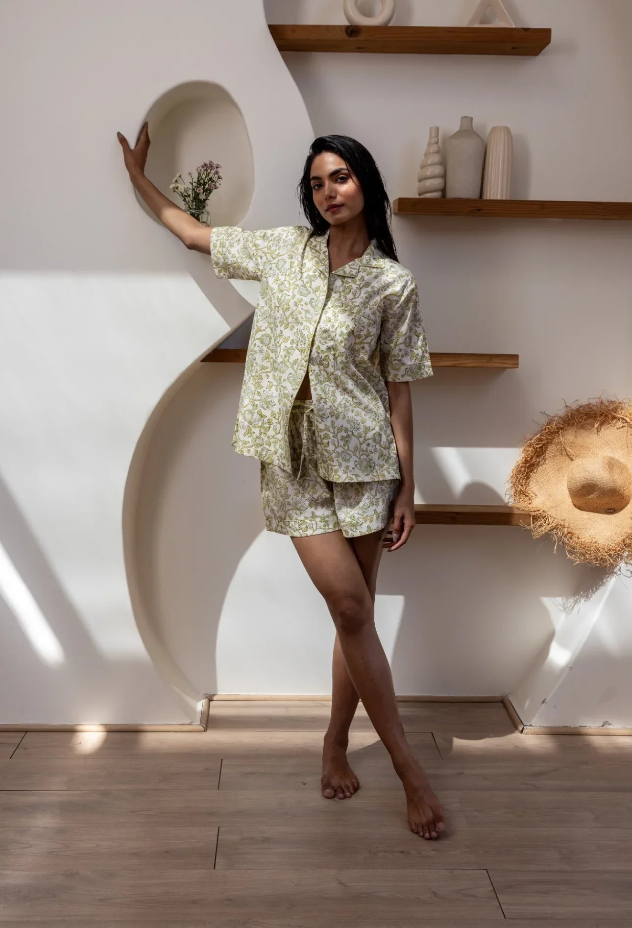 Model stood wearing Westington Sage Cotton Pyjamas