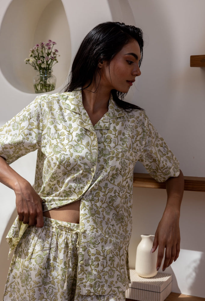 Model stood wearing Westington Sage Cotton Pyjamas