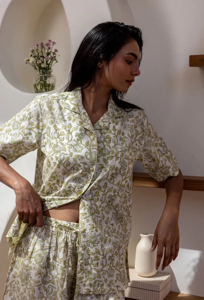 Model stood wearing Westington Sage Cotton Pyjamas