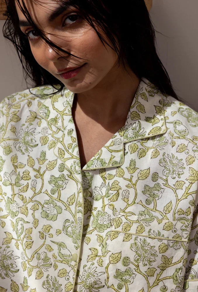 Close-up of model wearing Westington Sage Cotton Pyjama Top