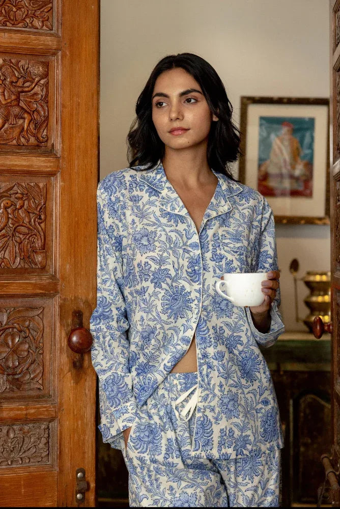 Luxury china blue print pyjamas styled - Mooch Cotswolds sleepwear