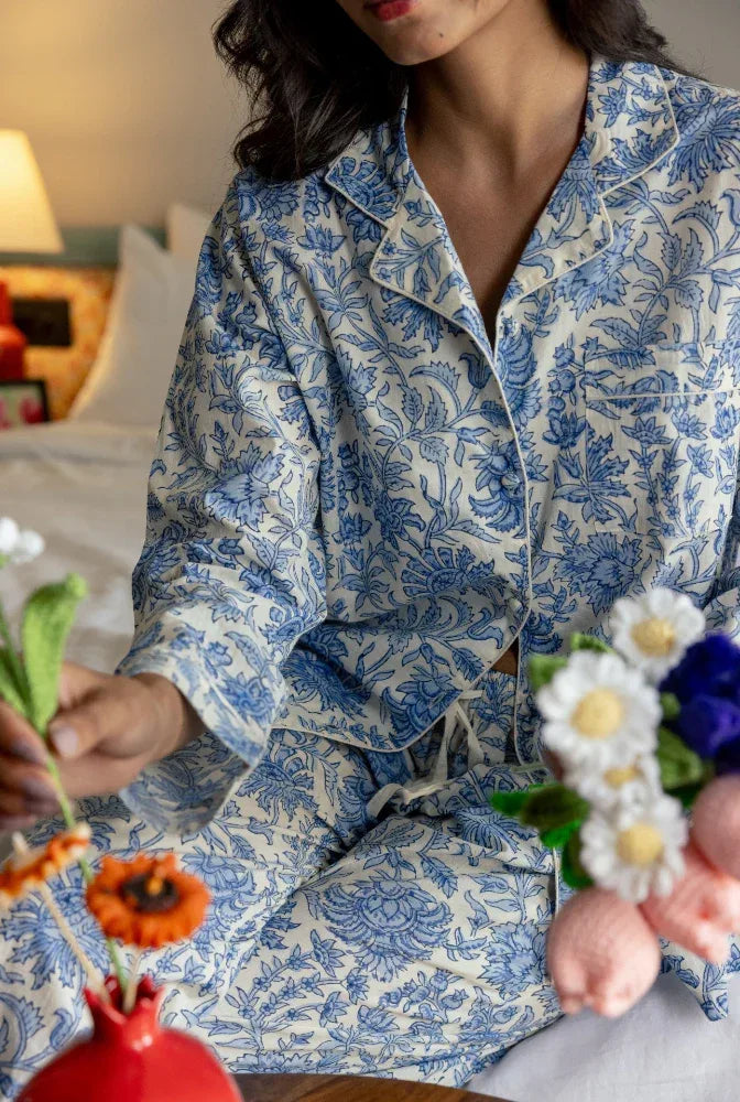 Hand-printed cotton pyjama top with chest pocket - china blue by Mooch Cotswolds