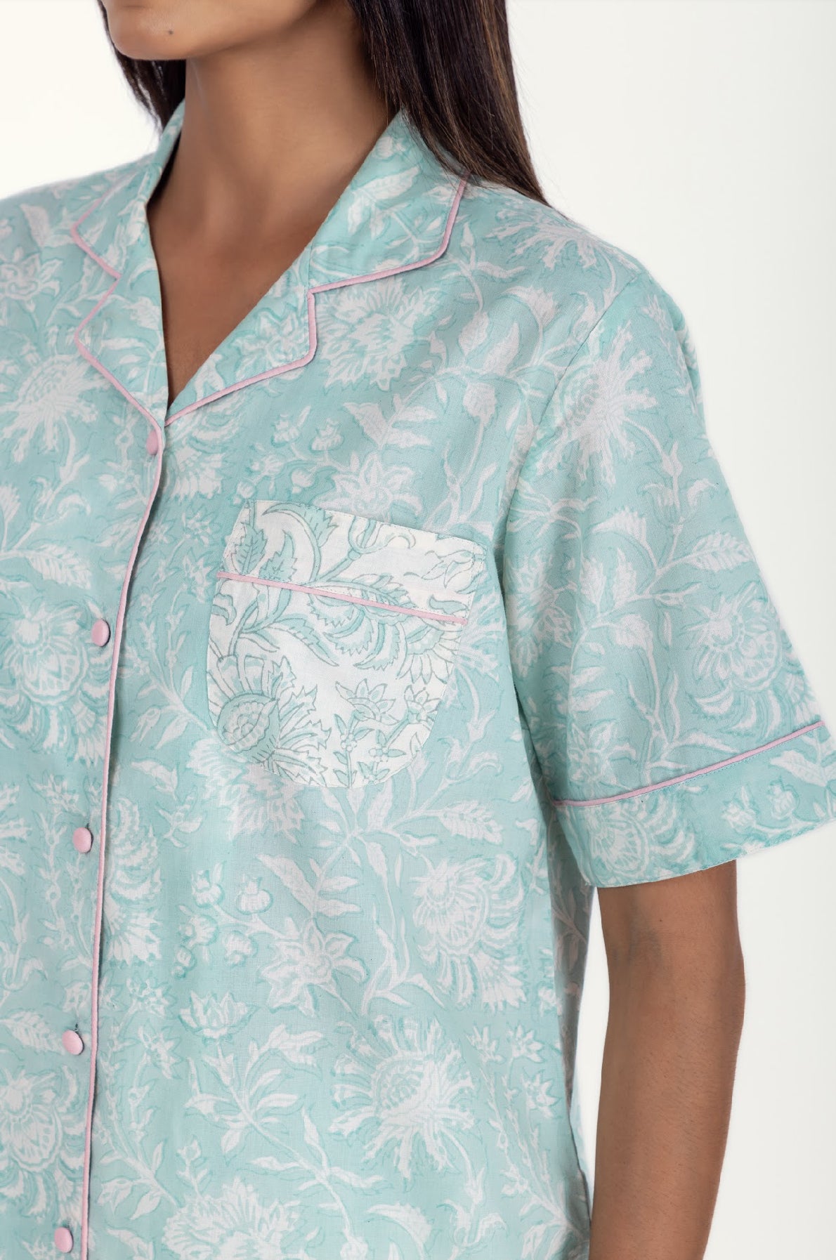 Close-up of front of Willersey Sky Cotton Pyjama Top
