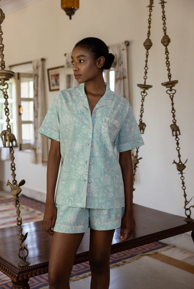 Model wearing Willersey Sky Cotton Pyjamas