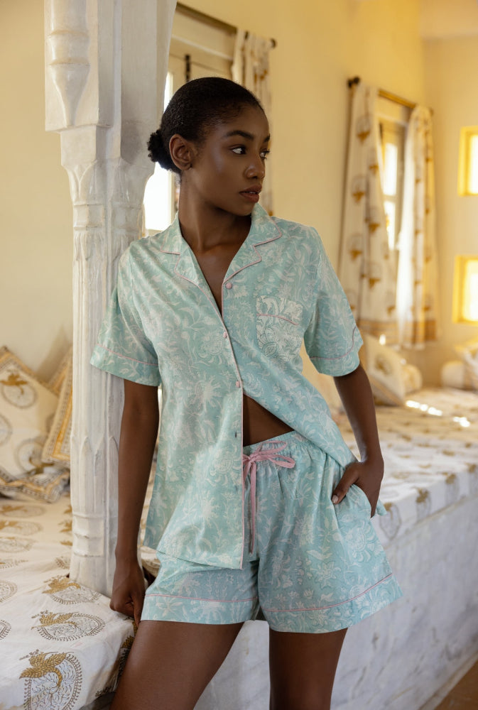 Model wearing Willersey Sky Cotton Pyjamas