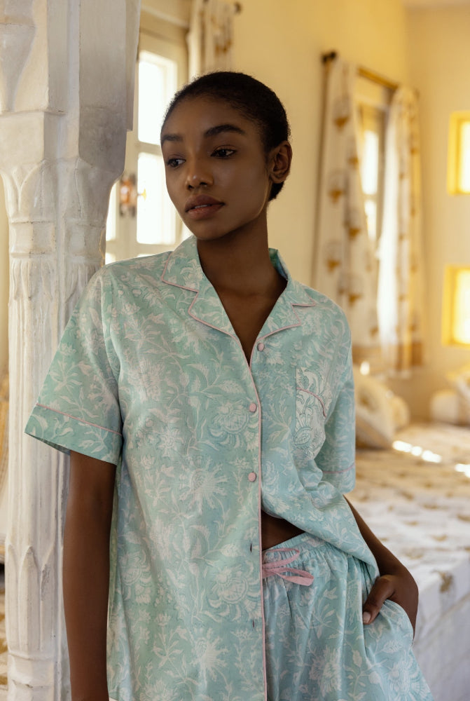 Model wearing Willersey Sky Cotton Pyjamas