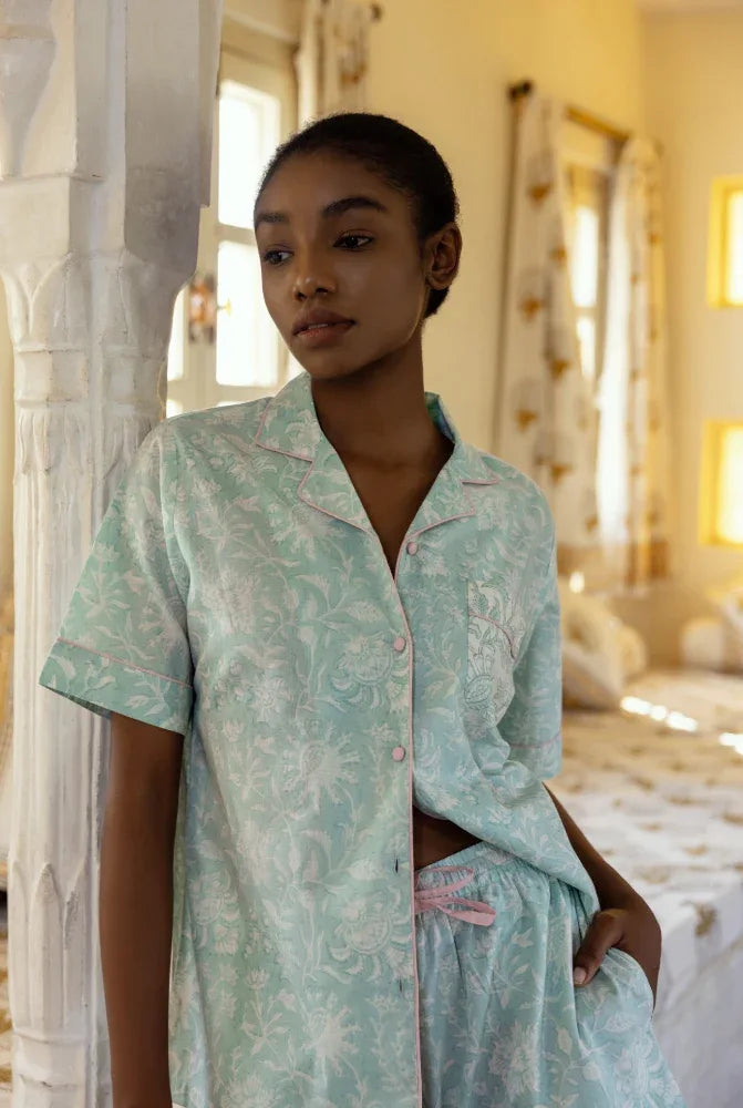Model wearing Willersey Sky Cotton Pyjamas