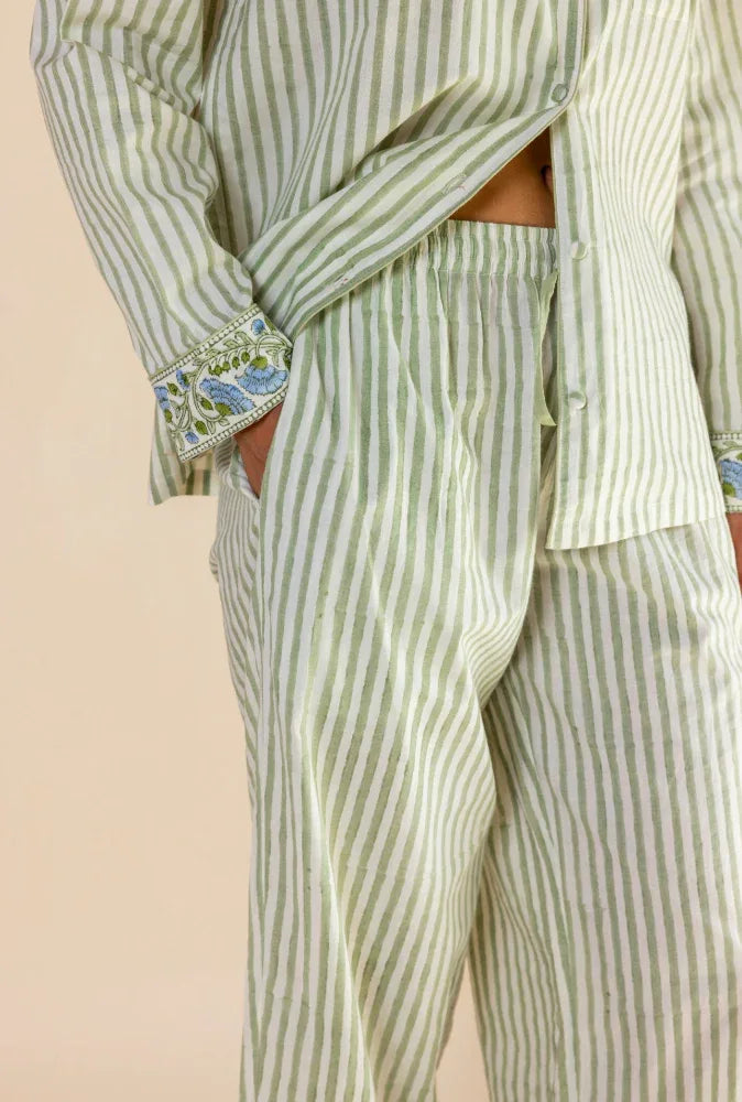 Cotton pyjama trousers in willow stripe with elastic waist by Mooch Cotswolds