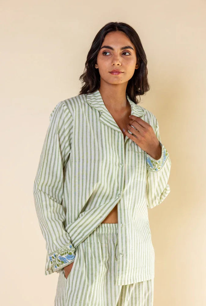Hand-printed cotton pyjama top with chest pocket - willow stripe by Mooch Cotswolds