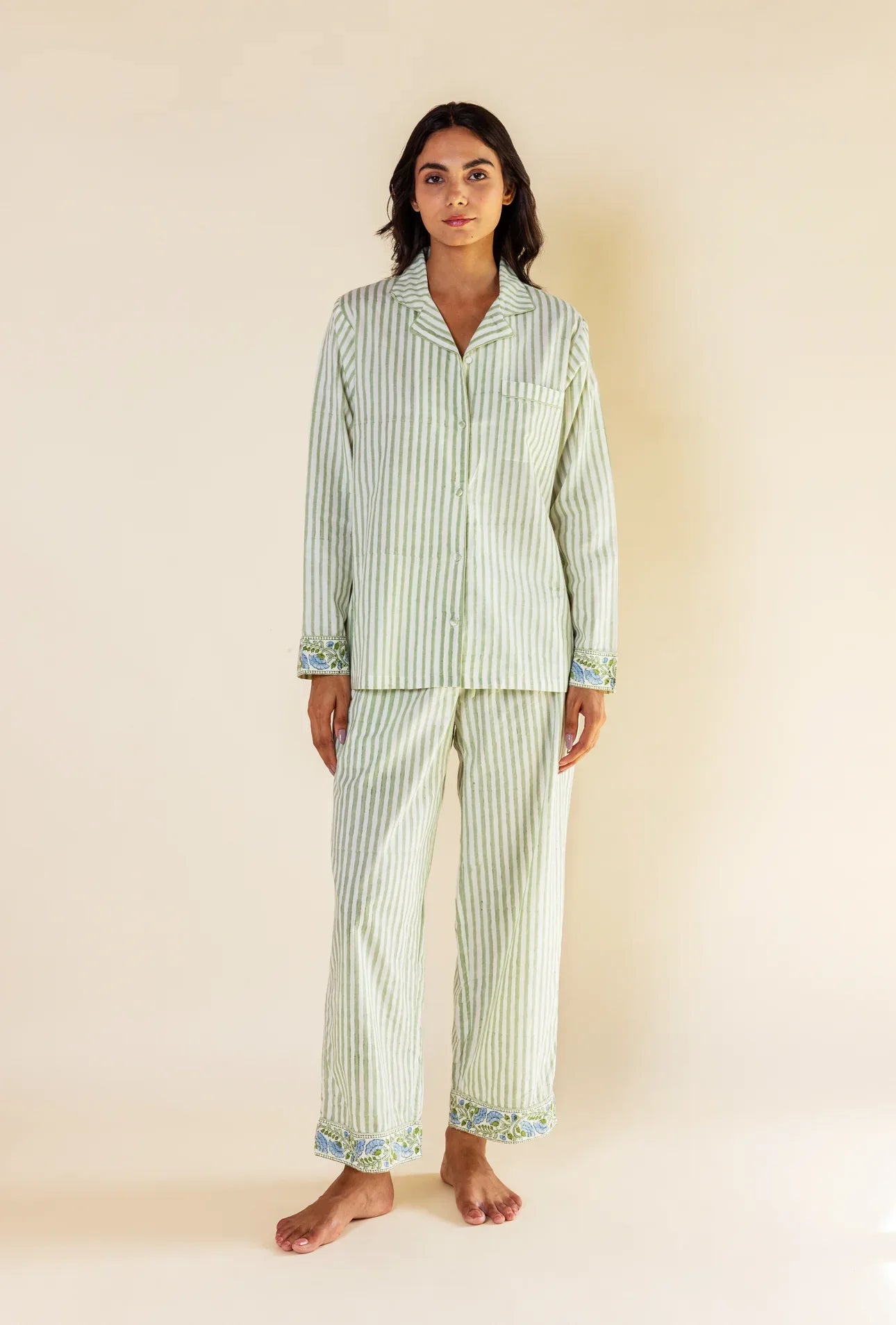 Block printed cotton pyjamas detail - Willow Stripe pattern