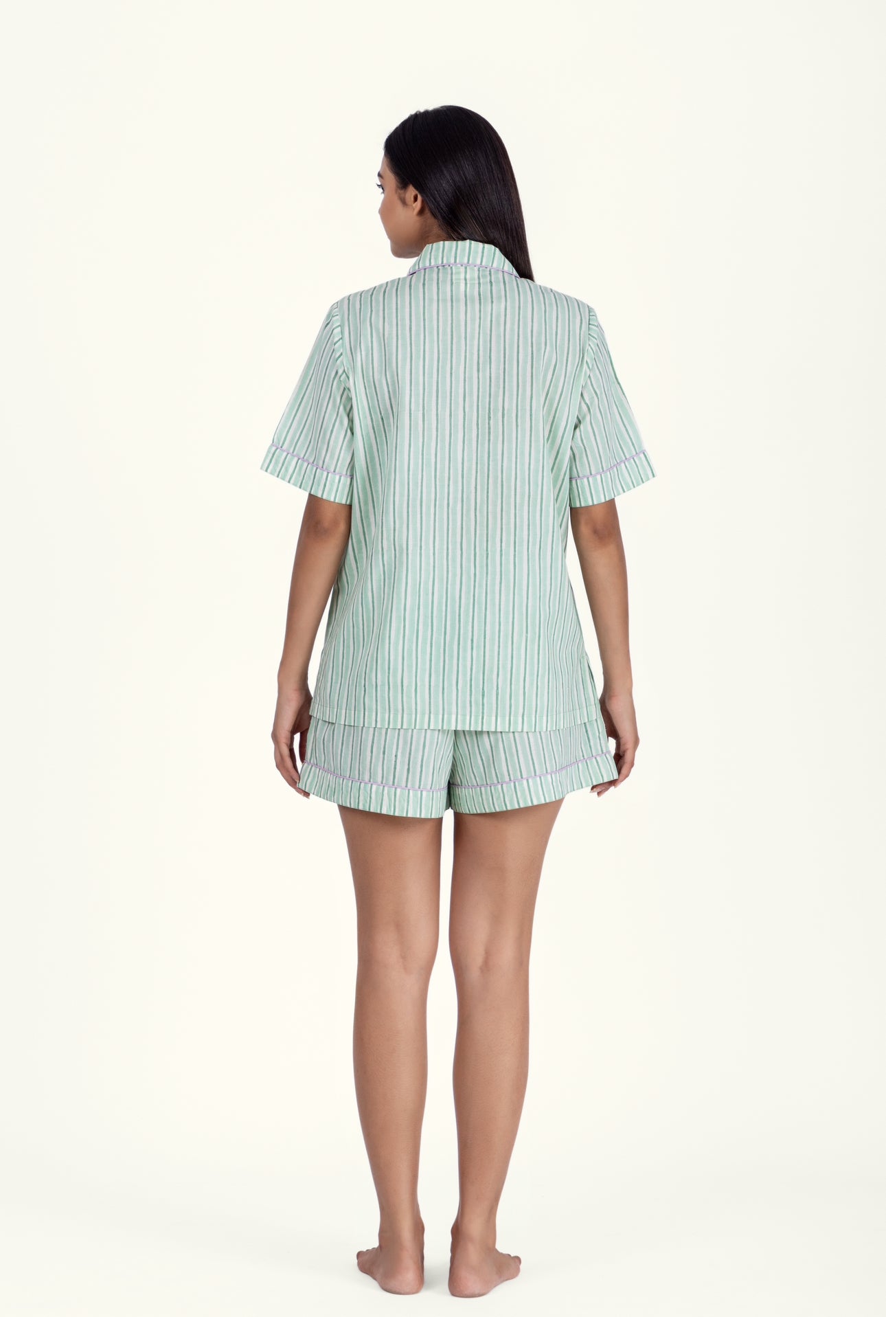 Back of model wearing Wilson Stripe Aqua Cotton Pyjamas