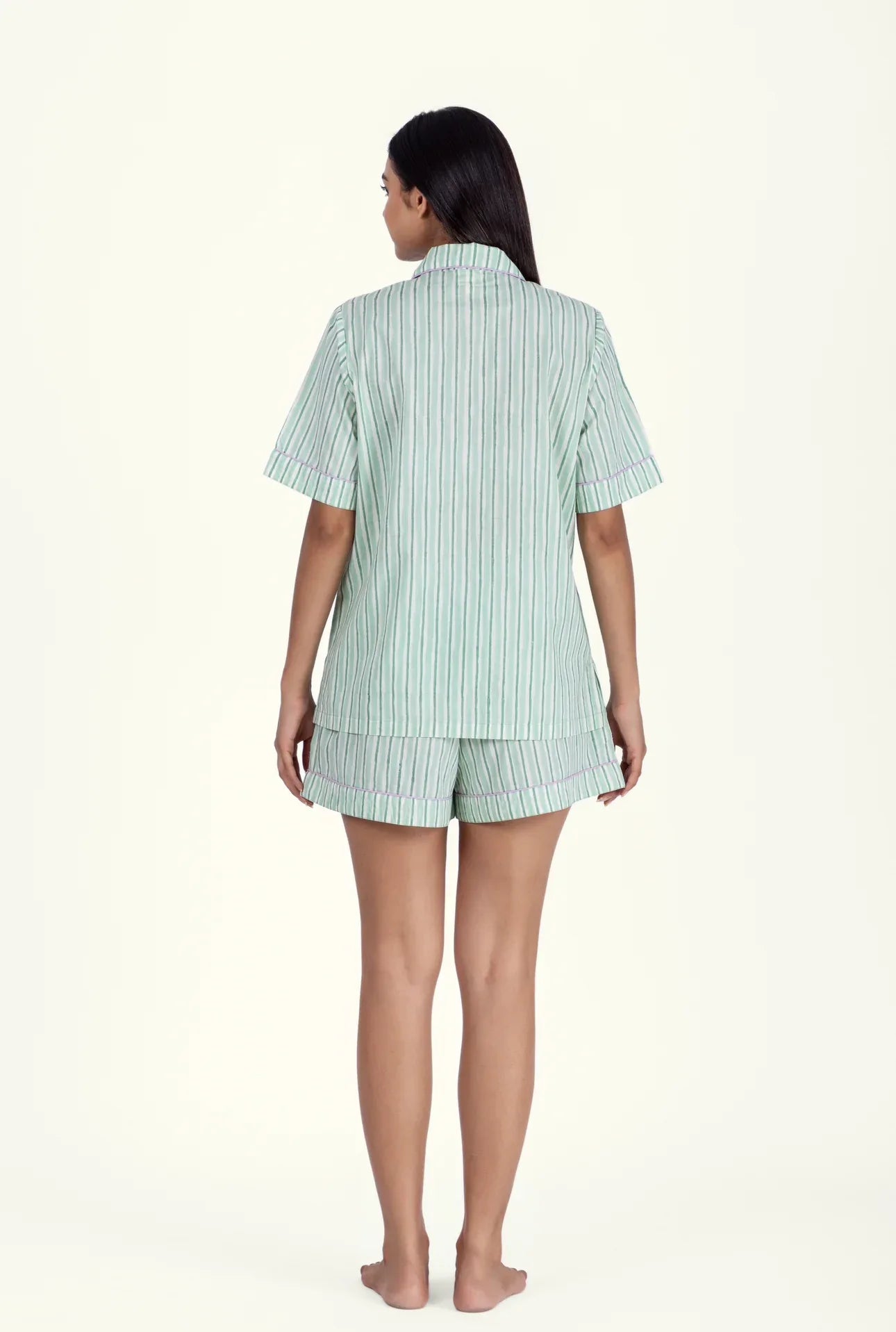 Back of model wearing Wilson Stripe Aqua Cotton Pyjamas