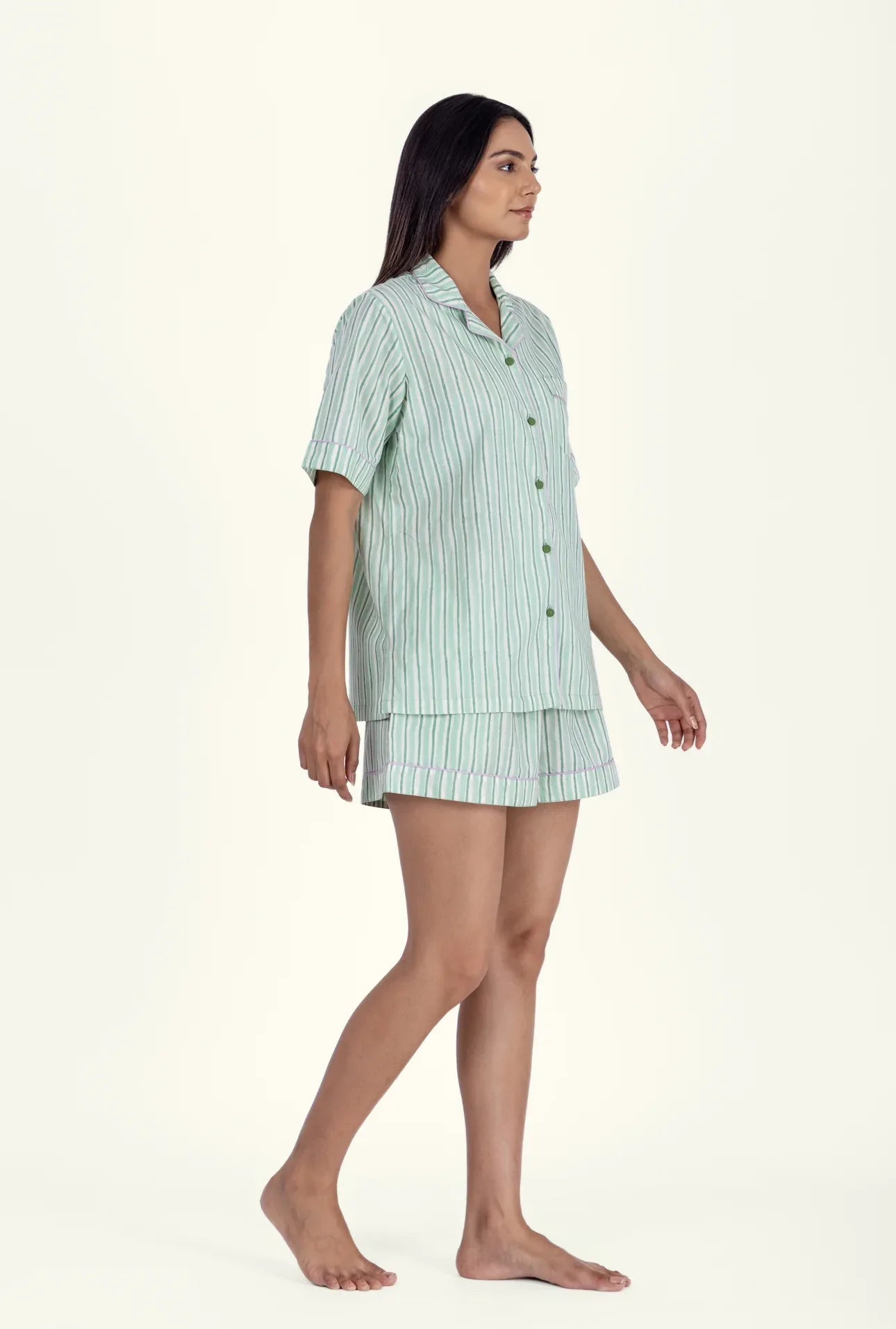 Side of model wearing Wilson Stripe Aqua Cotton Pyjamas