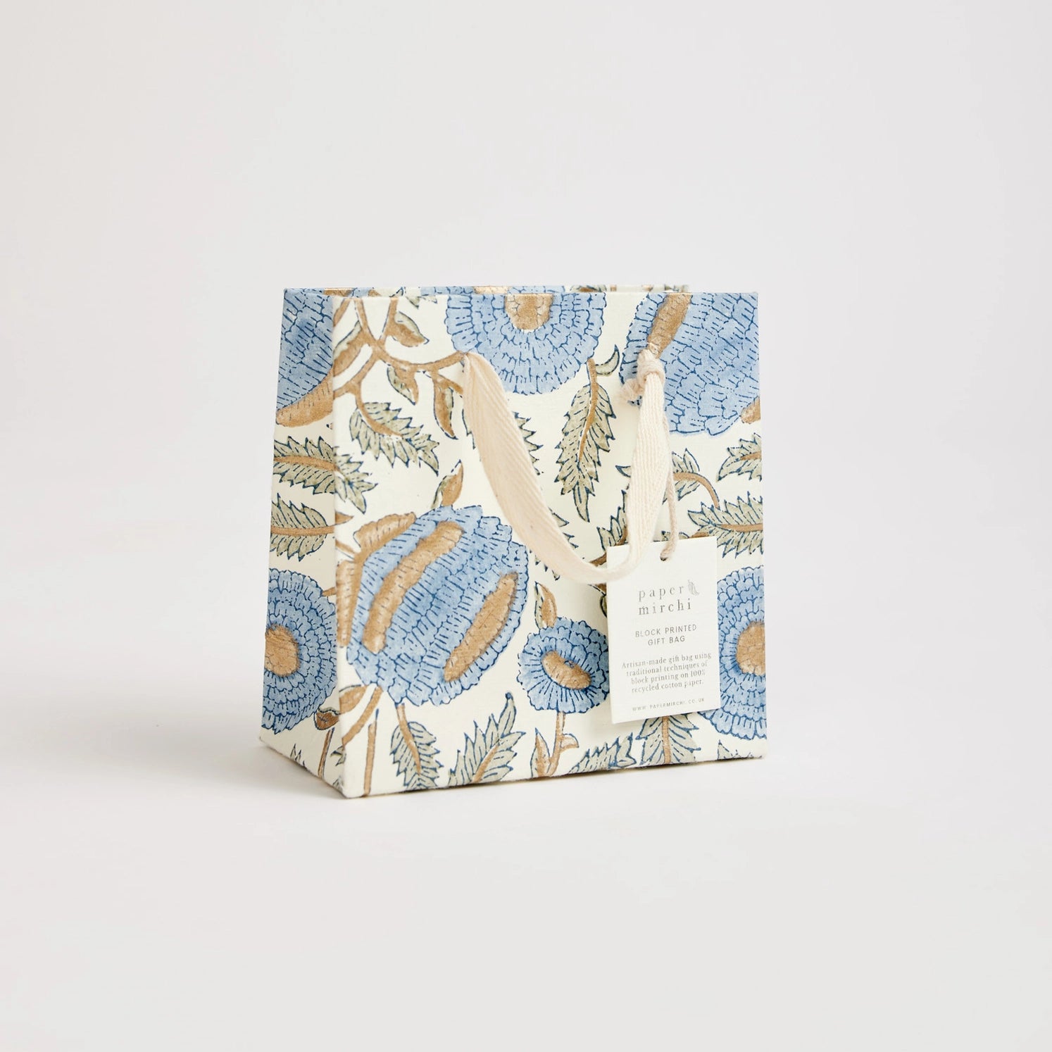 Hand Block Printed Paper Gift Bag Blue Small