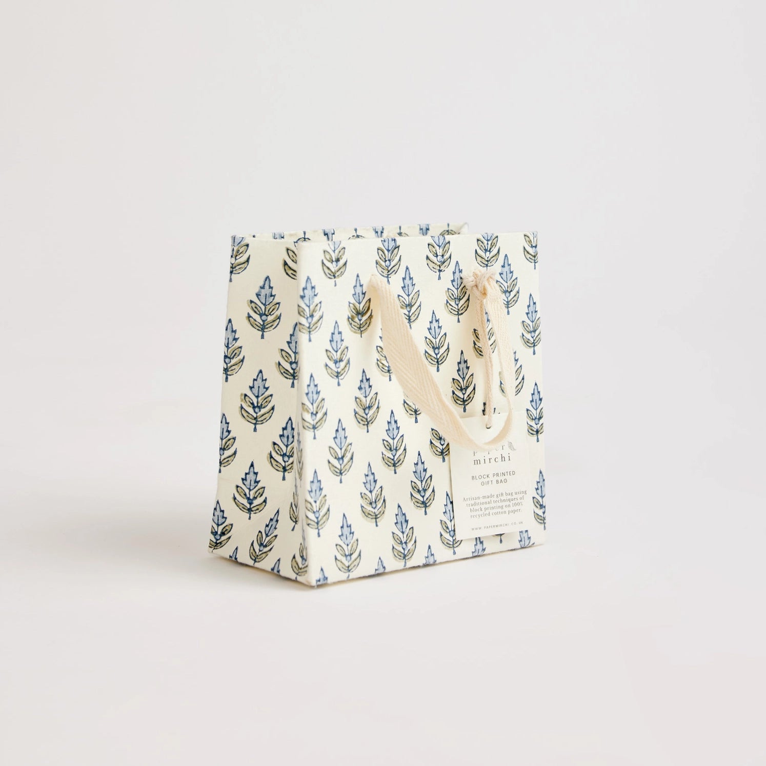 Hand Block Printed Paper Gift Bag Blue Small