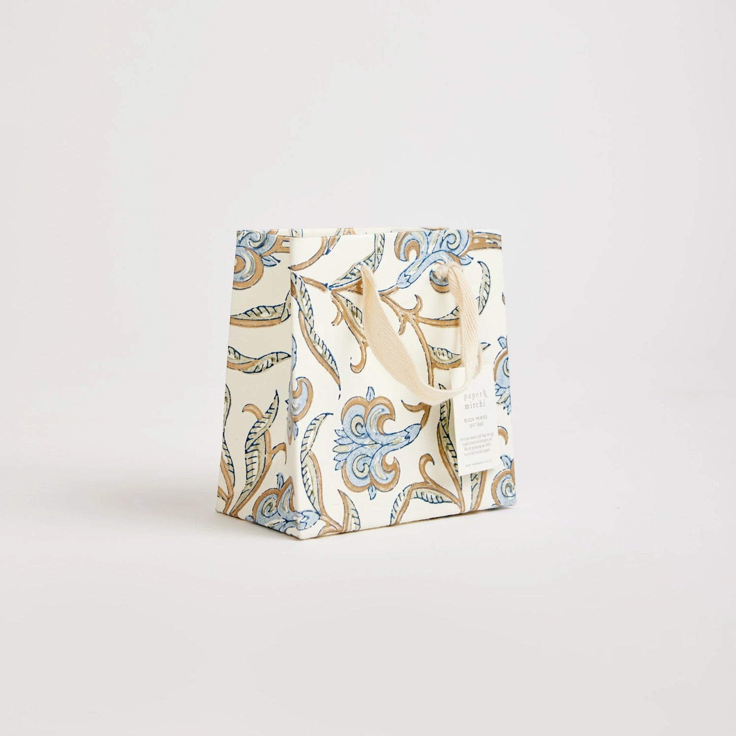 Hand Block Printed Paper Gift Bag Blue Small