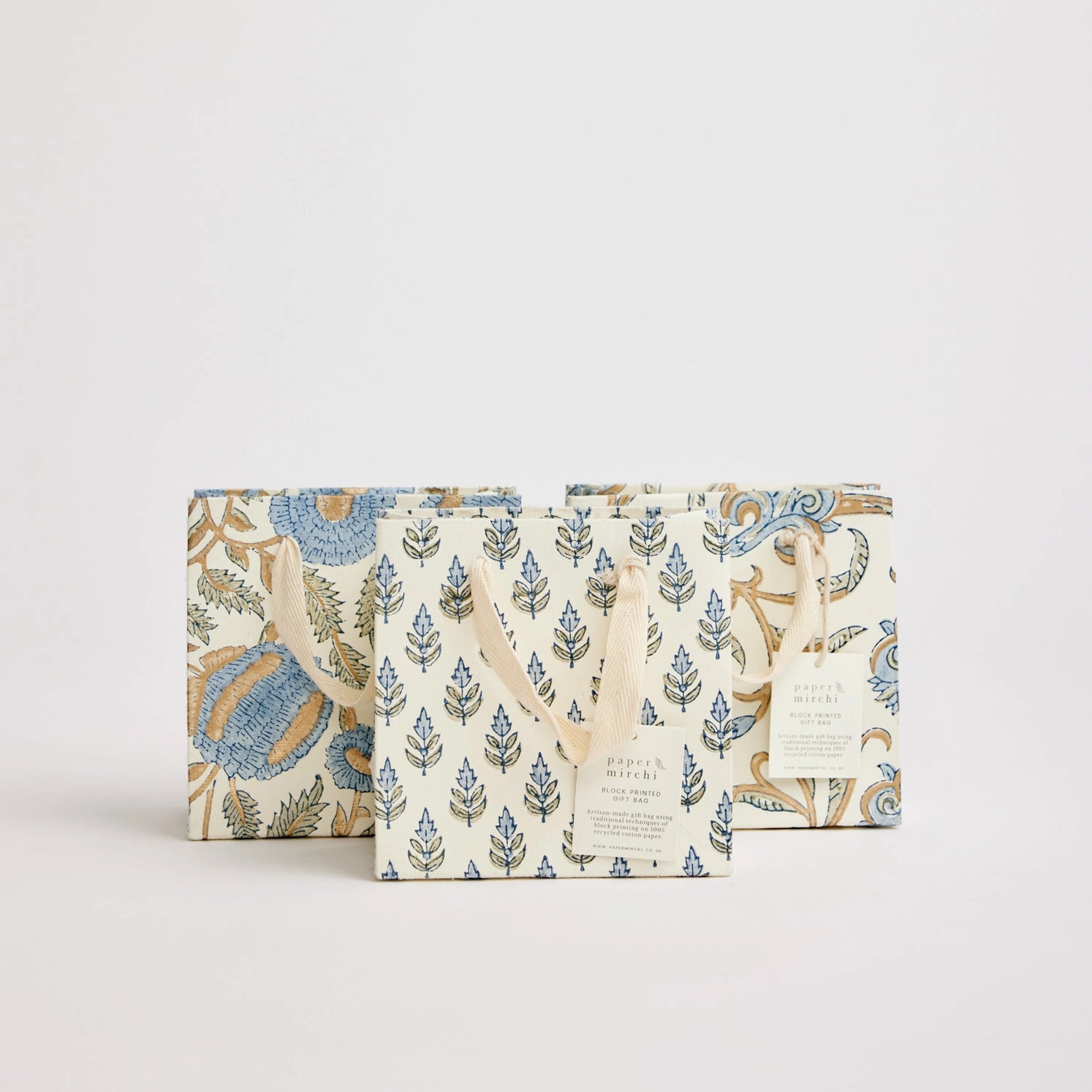 Hand Block Printed Paper Gift Bag Blue Small