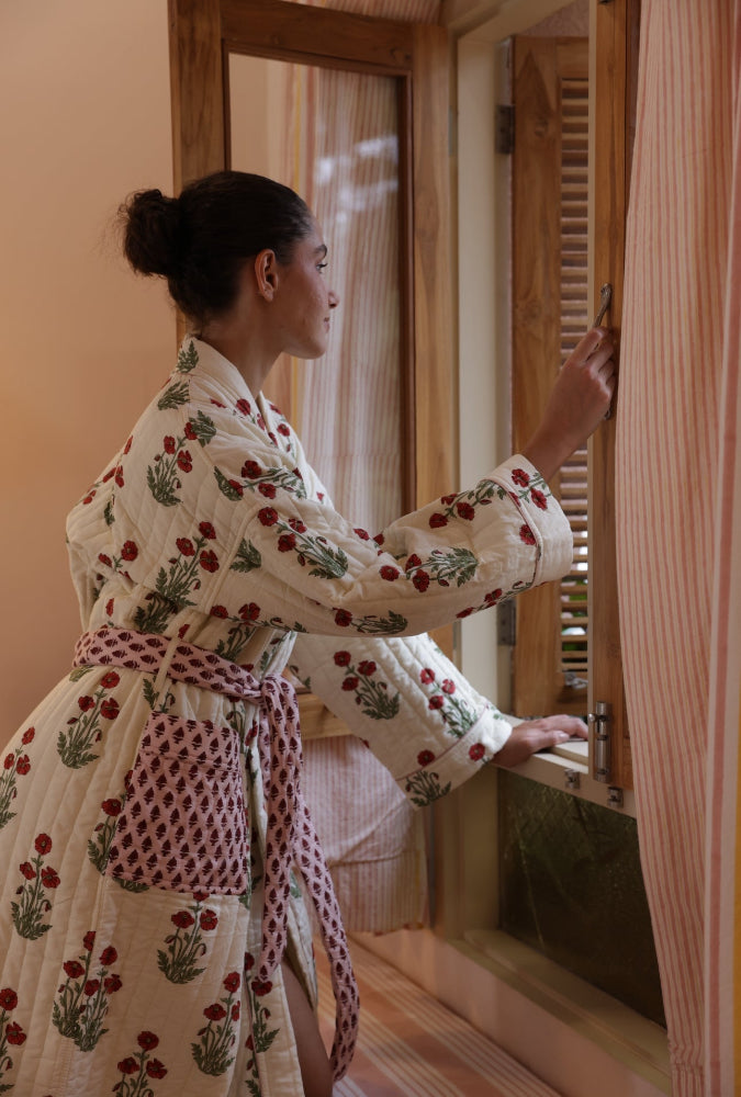 Quilted Luxury Cotton Dressing Gown / Robe - Condicote Poppy