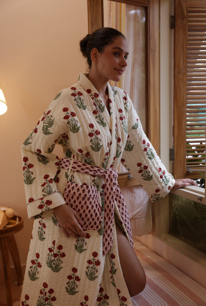 Quilted Luxury Cotton Dressing Gown / Robe - Condicote Poppy