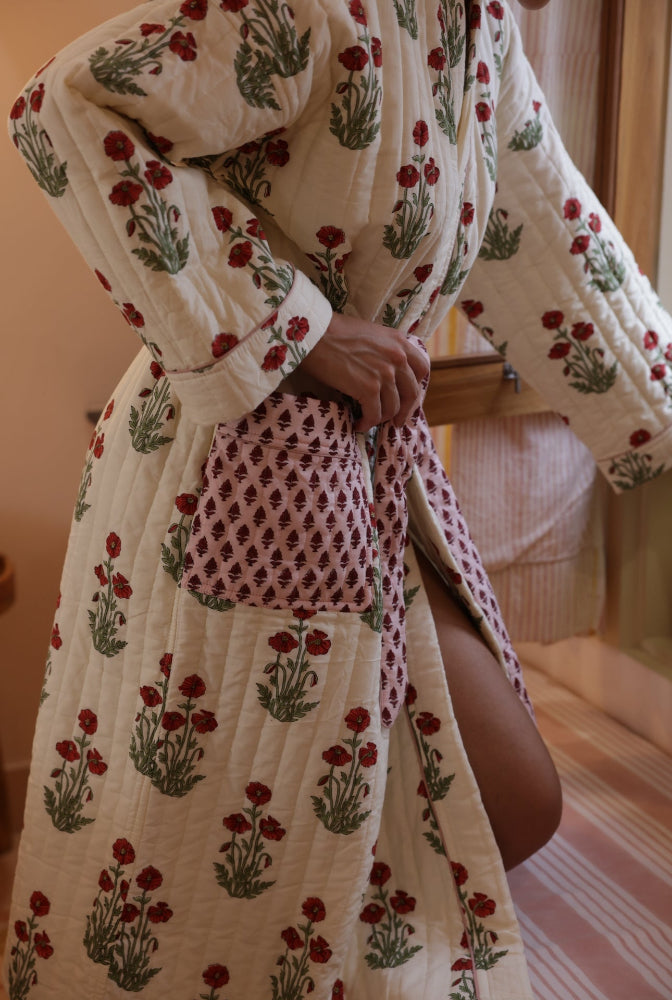 Quilted Luxury Cotton Dressing Gown / Robe - Condicote Poppy