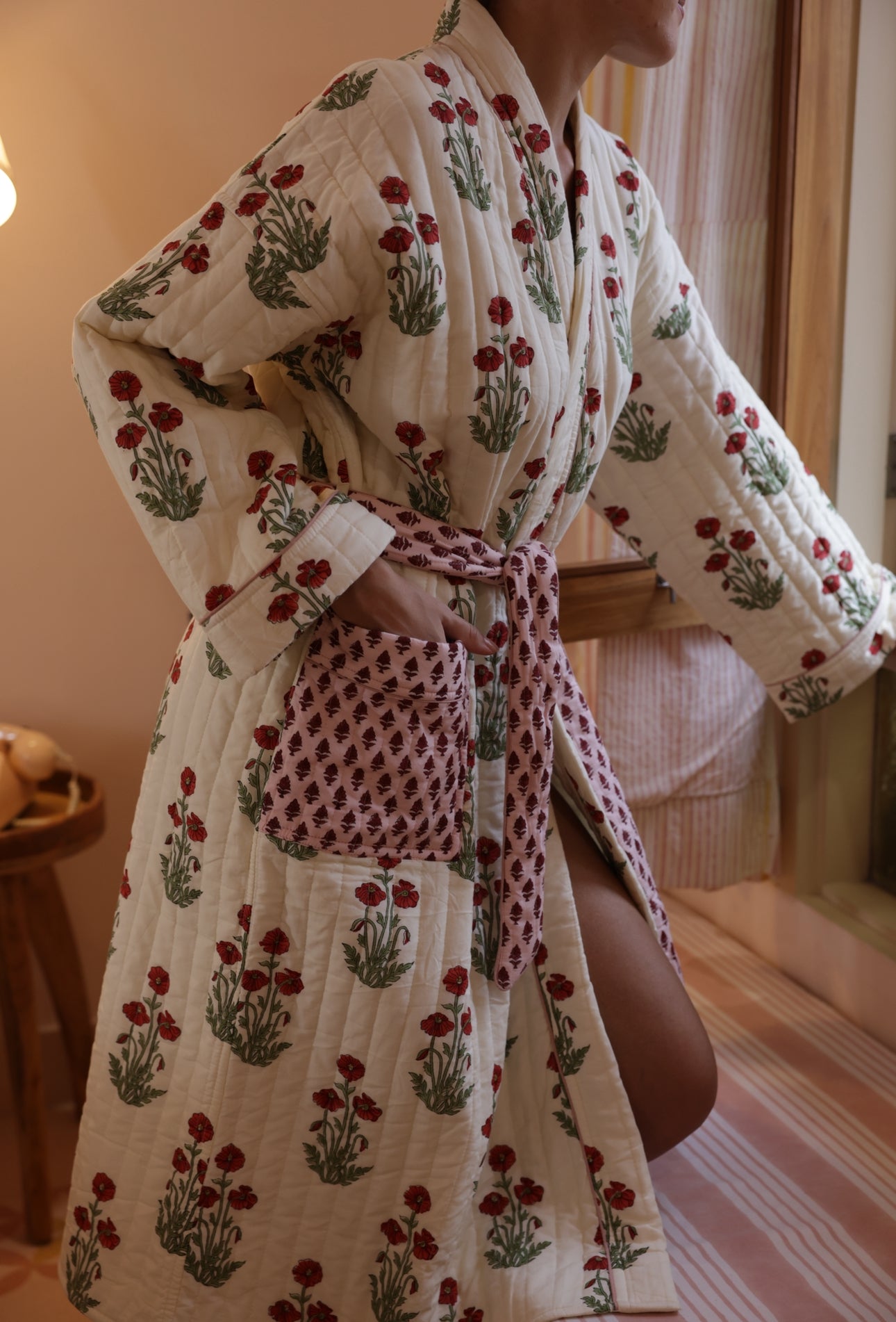 Quilted Luxury Cotton Dressing Gown / Robe - Condicote Poppy