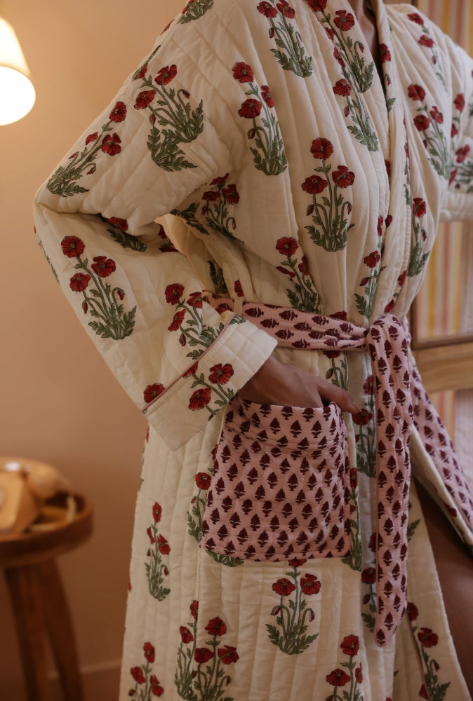 Quilted Luxury Cotton Dressing Gown / Robe - Condicote Poppy