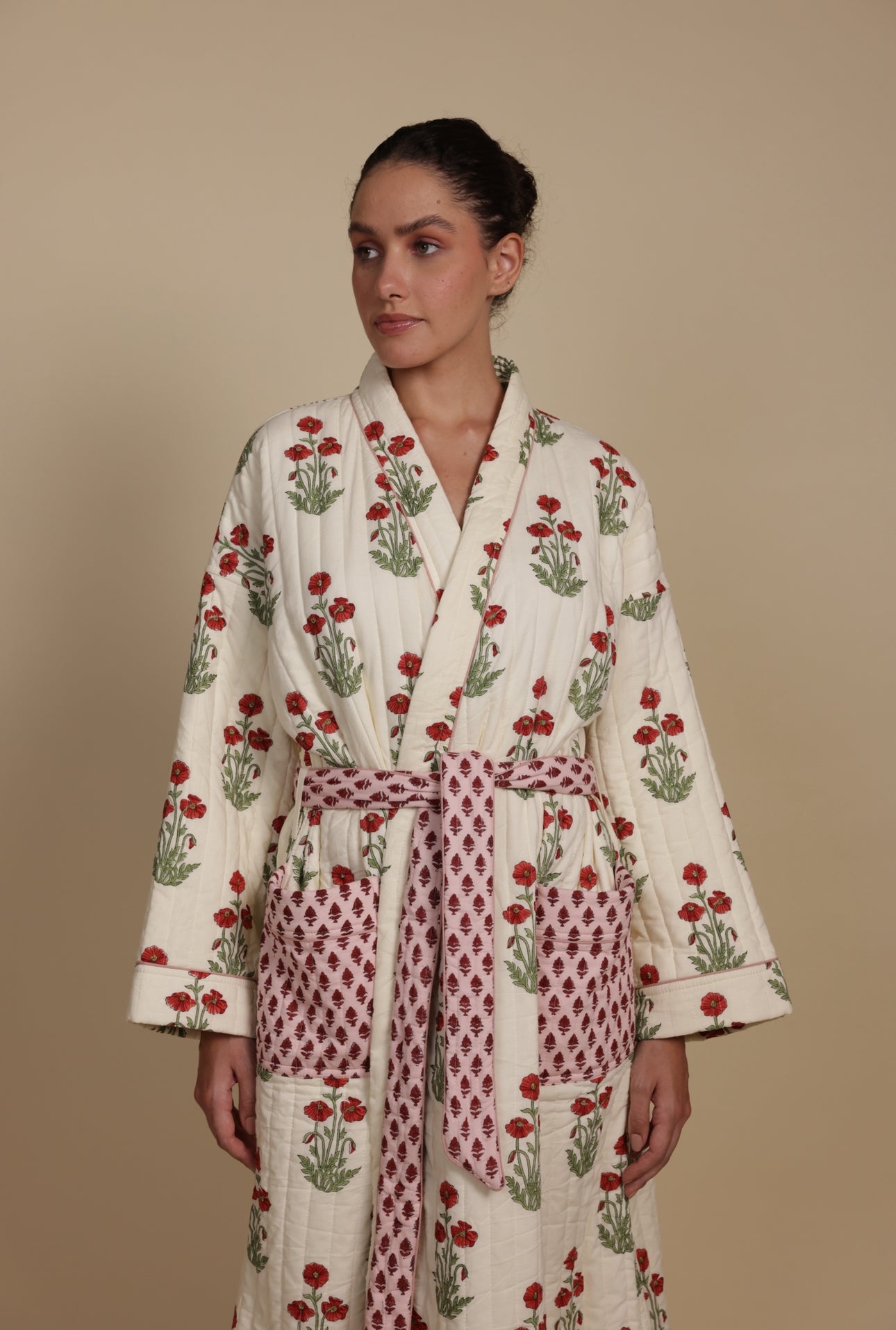 Quilted Luxury Cotton Dressing Gown / Robe - Condicote Poppy