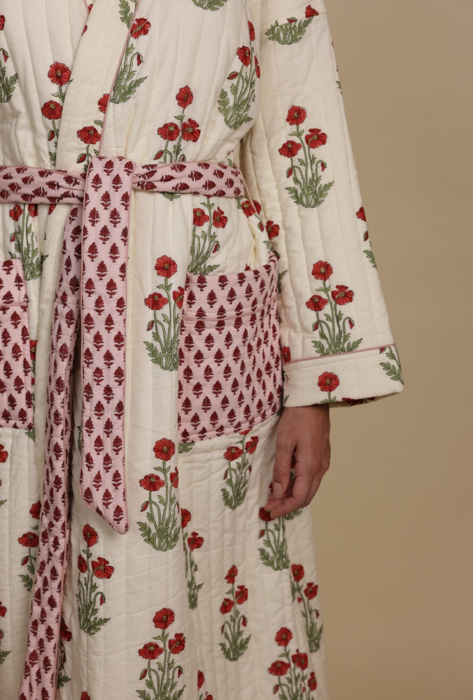 Quilted Luxury Cotton Dressing Gown / Robe - Condicote Poppy