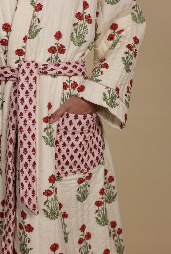 Quilted Luxury Cotton Dressing Gown / Robe - Condicote Poppy
