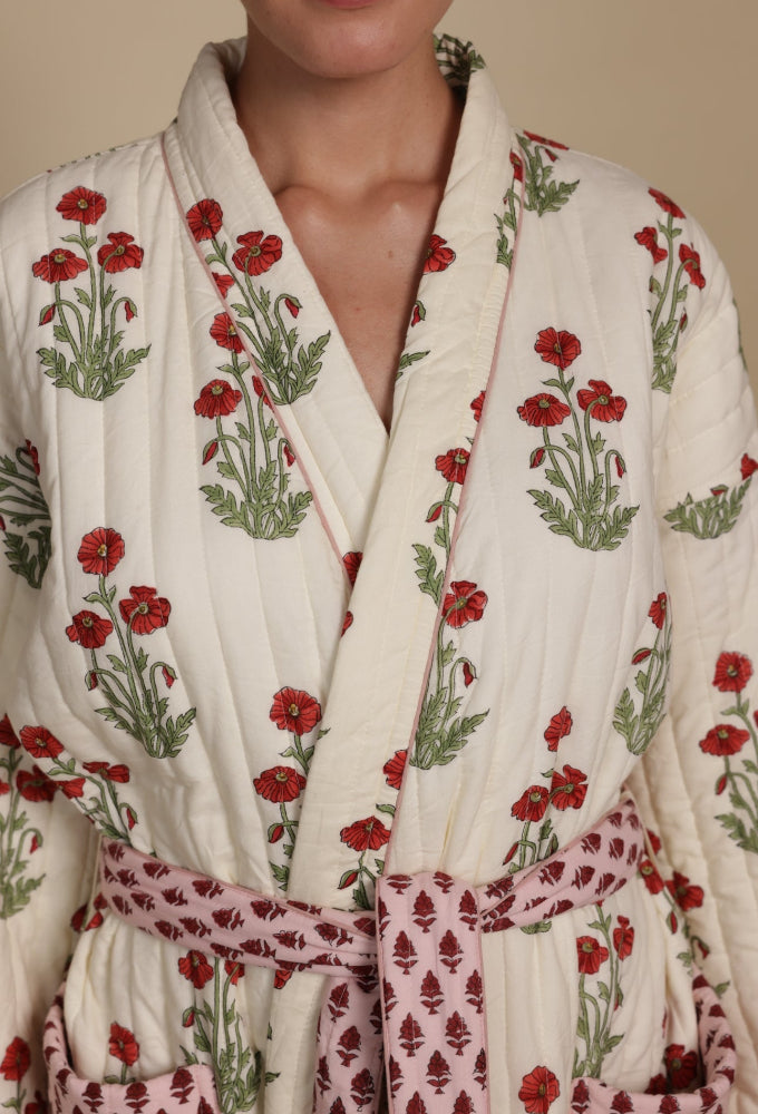 Quilted Luxury Cotton Dressing Gown / Robe - Condicote Poppy