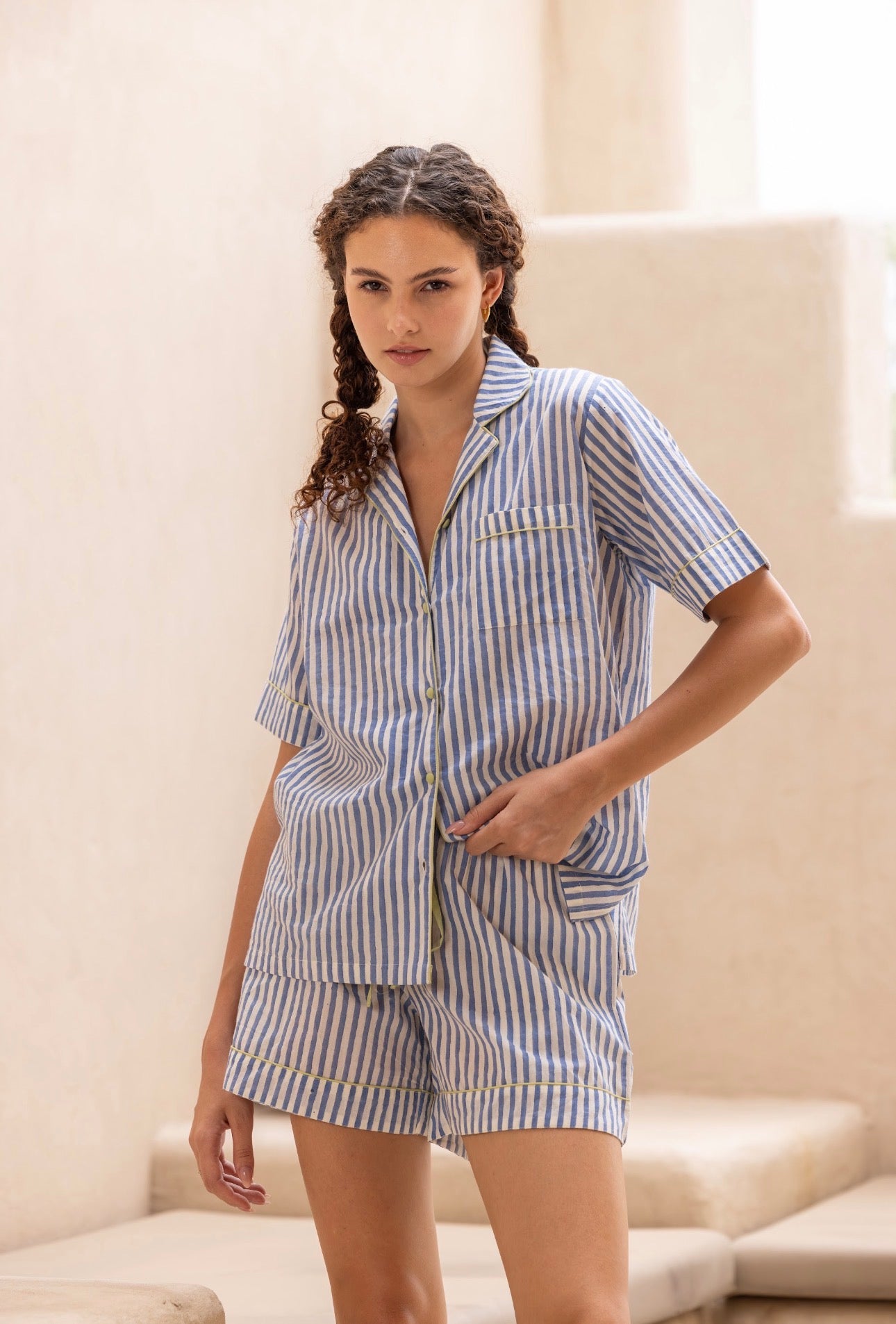 Short Cotton Pyjamas - Sage Denim Stripe