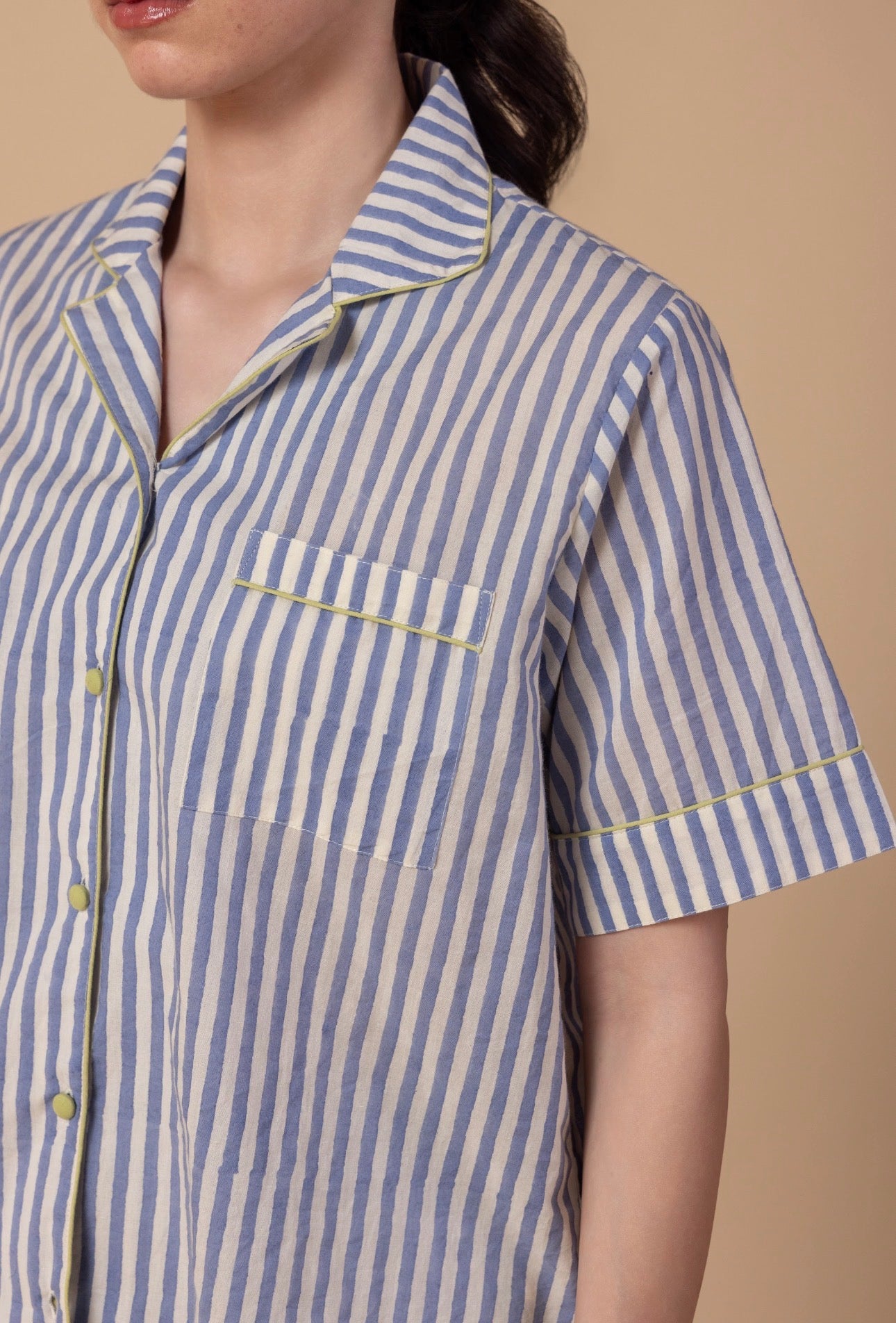 Short Cotton Pyjamas - Sage Denim Stripe