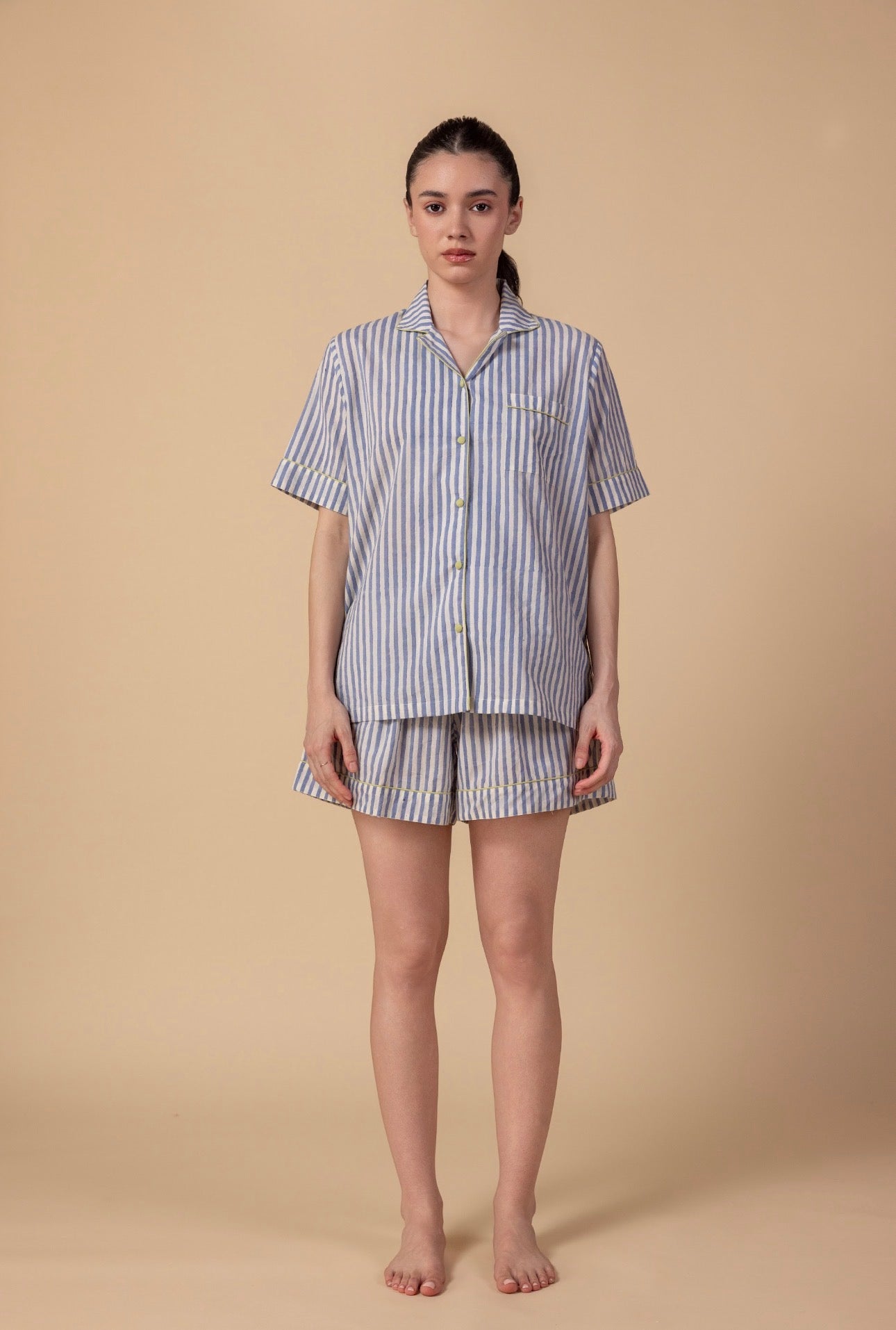 Short Cotton Pyjamas - Sage Denim Stripe