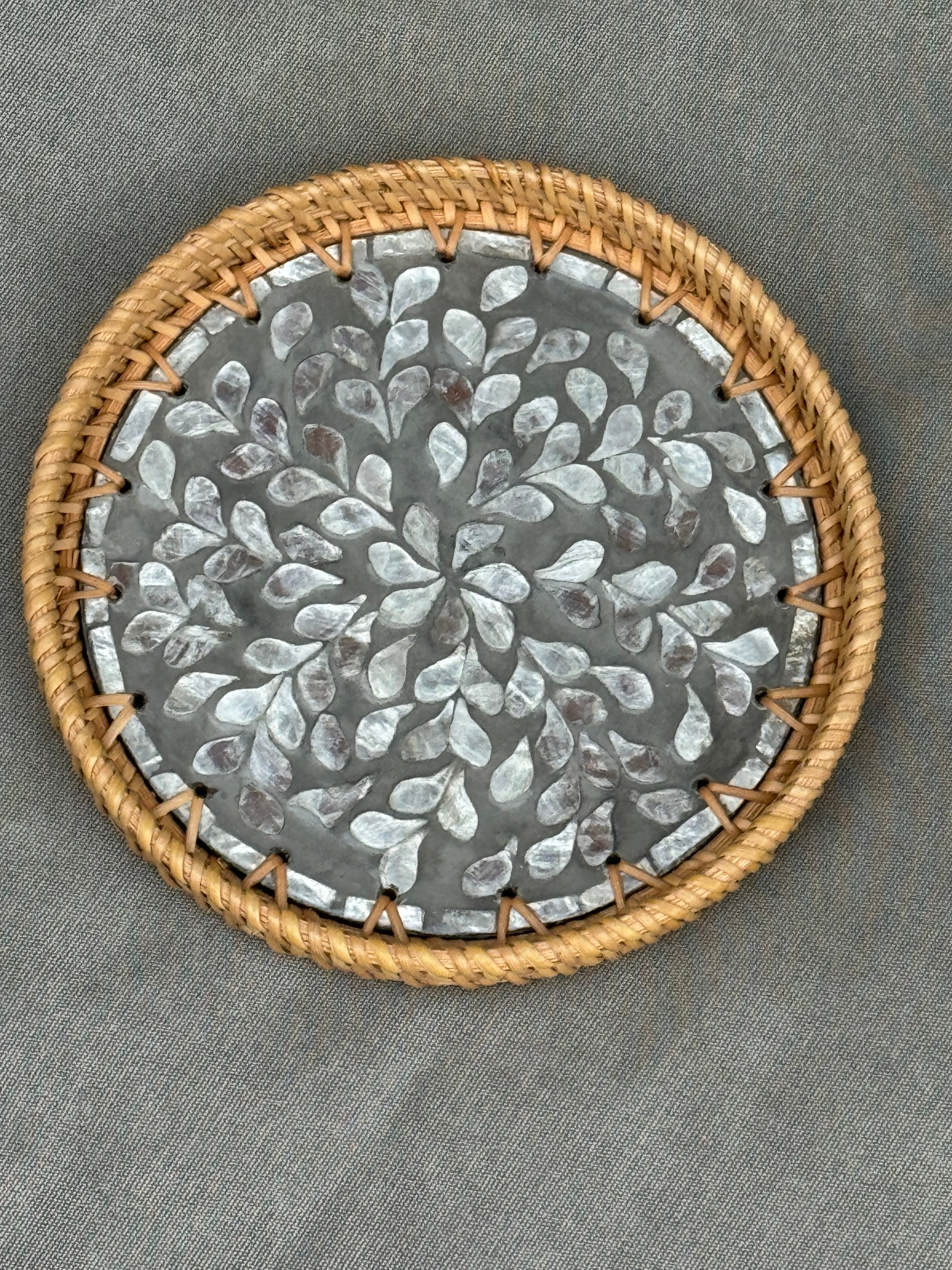 Mother of Pearl Rattan Tray Round