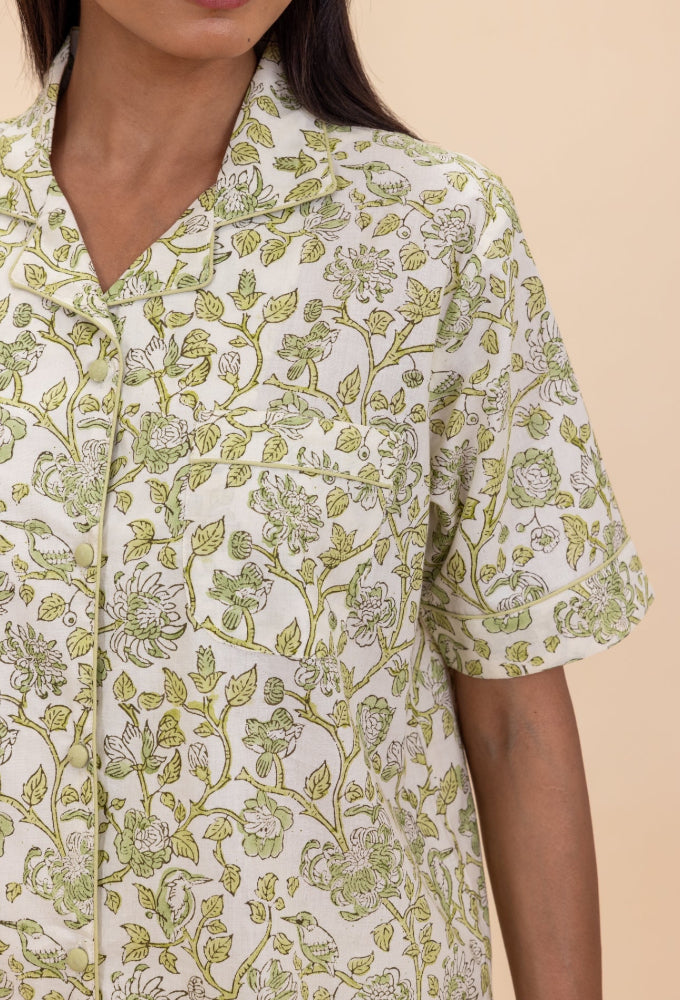 Close-up of model wearing Westington Sage Cotton Pyjama Top